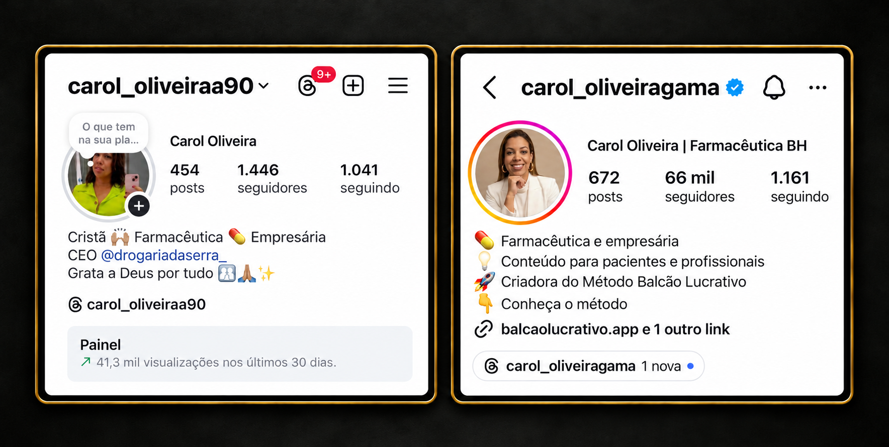 Print real do perfil de Ana Carolina, antes e depois
