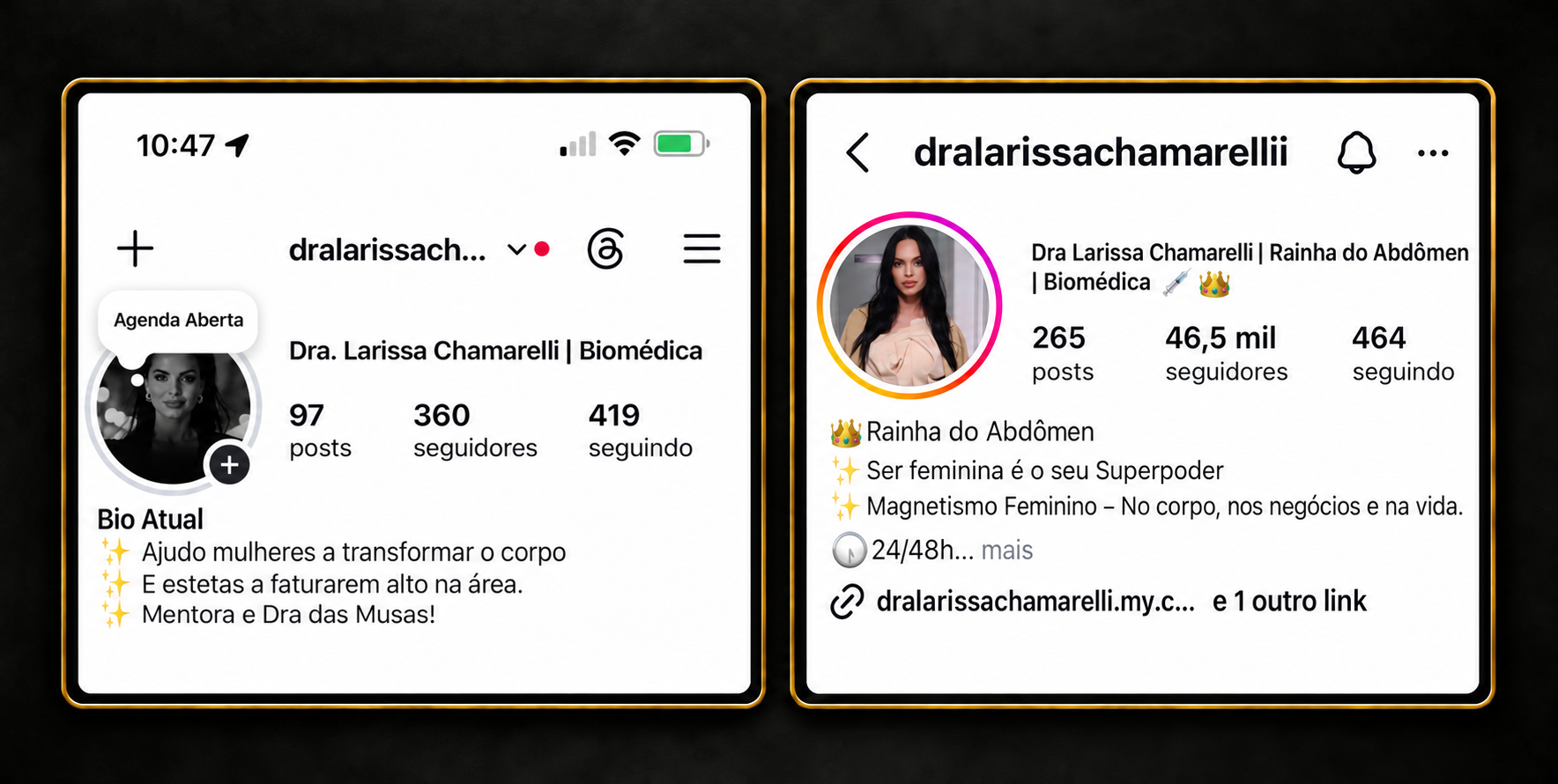 Print real do perfil de Dra. Larissa Chamarelli, antes e depois
