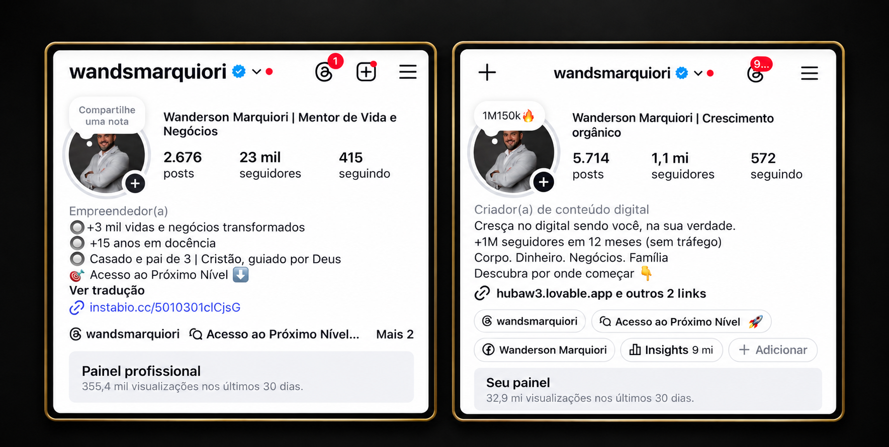 Print real do perfil de Wanderson Marquiori, antes e depois