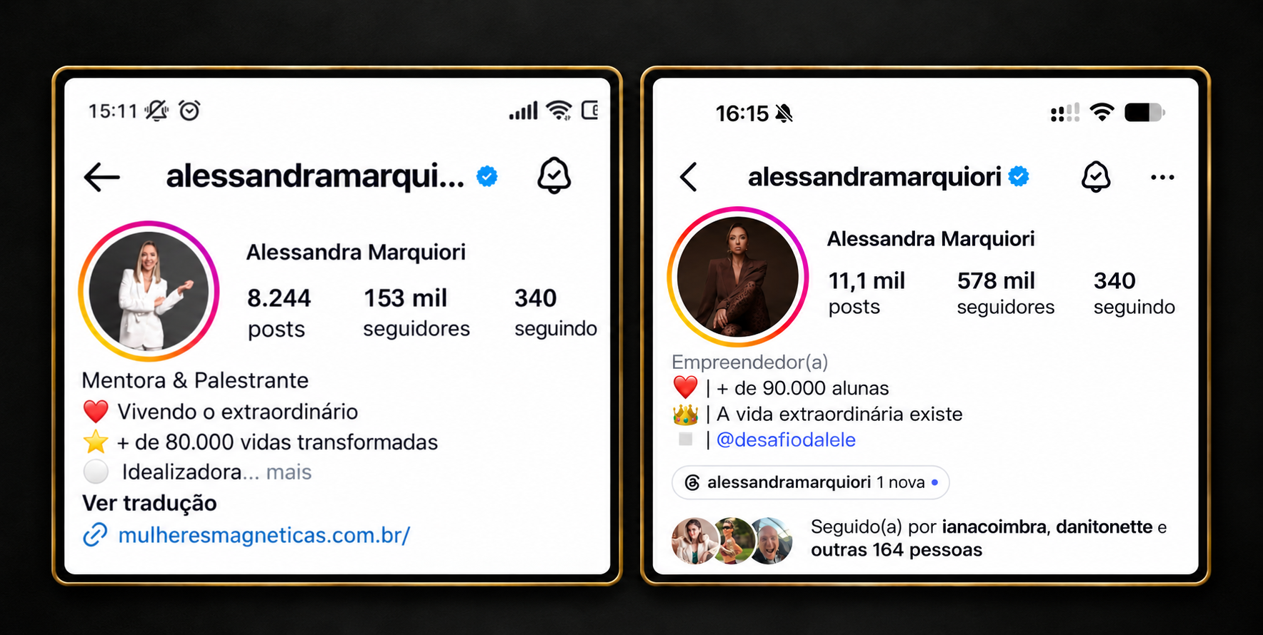 Print real do perfil de Alessandra Marquiori, antes e depois